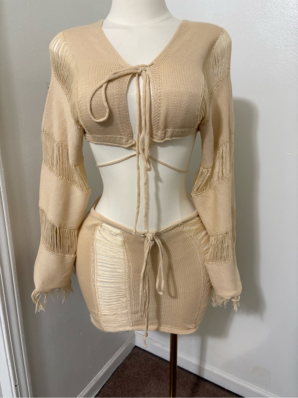 Fashion Nova Beige Knit Fringe Tie Two-Piece Skirt Set NWT